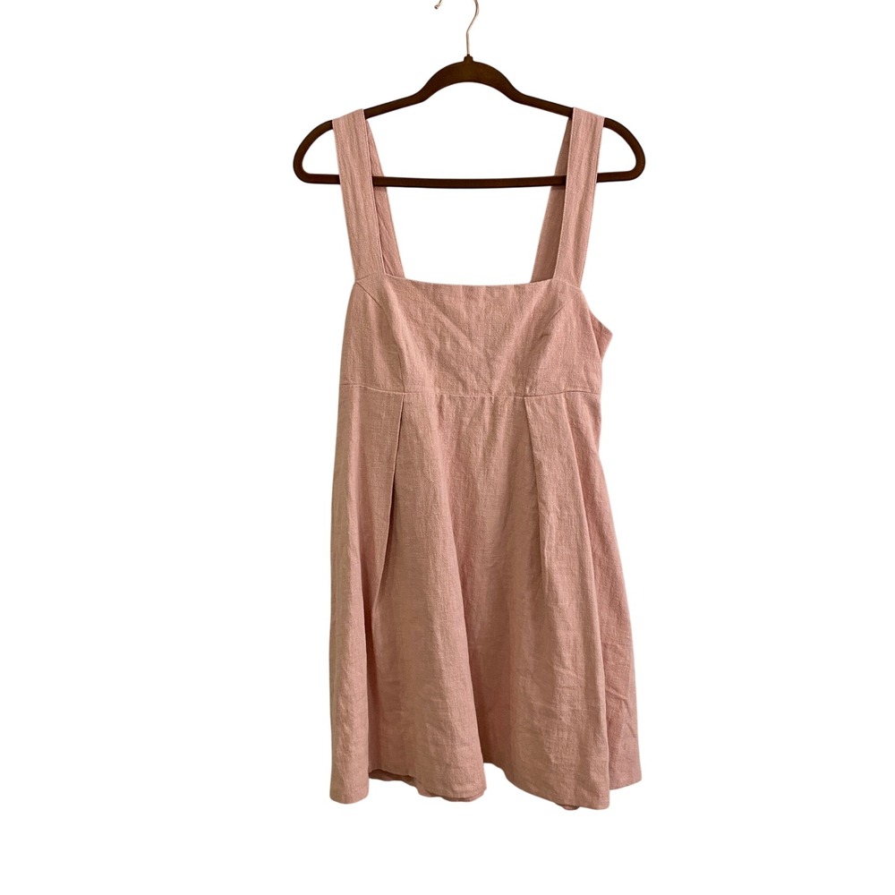 En Saison Pink Linen Square Neck Mini Sundress Pleated Pockets Small Cottagecore